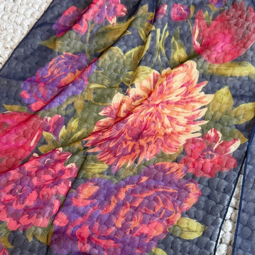 Vintage Ellen Tracy Silk Floral Navy Scarf